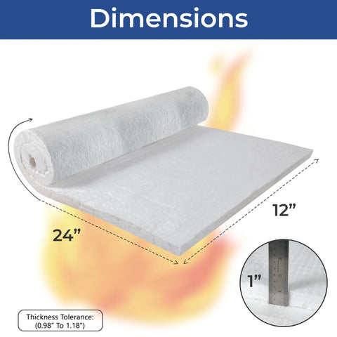 Ceramic fiber insulation blanket, 1 inch thick, 12 by 24 inches, white sheet for high-temperature fireplaces, furnaces, kilns.