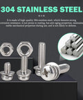 Image showing 304 stainless steel screws, nuts, bolts, and washers for 440Pcs M4 Stainless Steel Screws Nuts And Bolts Kit With Phillips Pan Head Bolts Nuts And Washers 304 Grade Durable For DIY Projects And Repairs Includes Four Lengths 8Mm 12Mm 16Mm 20Mm.