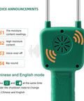 Portable Grain Moisture Meter With LCD Display And Dual Steel Probes, High Precision Hay Moisture Tester For Rice Wheat Corn And 14 Other Crops, Voice Broadcast Alerts, User Friendly And Ergonomic Anti Slip Handle, green body
