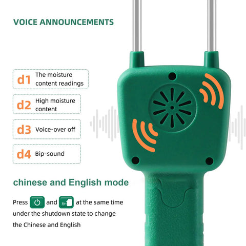 Portable Grain Moisture Meter With LCD Display And Dual Steel Probes, High Precision Hay Moisture Tester For Rice Wheat Corn And 14 Other Crops, Voice Broadcast Alerts, User Friendly And Ergonomic Anti Slip Handle, green body
