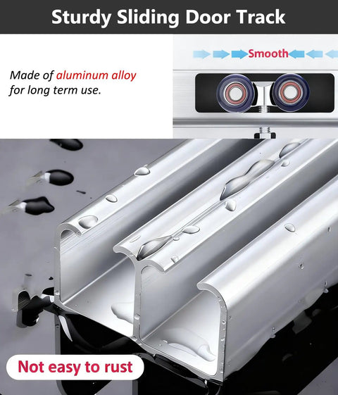 Solid Build Aluminum Sliding Door Hardware Kit With Double Rail Track Setup For Bypass Closet Or Barn Doors Smooth Glide Rust Proof Finish Snappy Install Home Upgrade Gear, showing sturdy aluminum alloy sliding door track with water droplets.