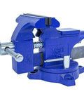 Home Workshop Vise With Four And A Half Inch Jaw Width And Three Inch Opening Swivel Base For Secure Grip Heavy Duty 30,000 PSI Gray Iron Construction Ideal For DIY Projects In The Shop Blue Finish, shown from a side angle highlighting the blue finish and swivel base.