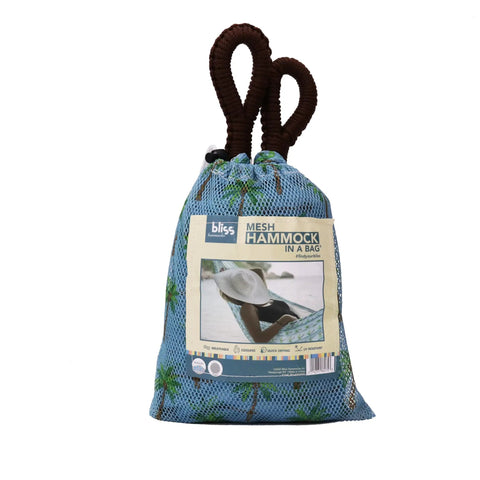 Brazilian Style Mesh Hammock In A Bag 55 Inch Wide Light Blue Palm Tree Travel Hammock With Drawstring Carry Bag
