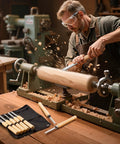 Eight-piece wood lathe turning tool set with wooden-handled chisels and carbon steel blades in a black Oxford bag.