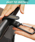 2 Pack Universal Stroller Hooks With Adjustable Carabiner Clips being installed on stroller handle, durable matte black hardware