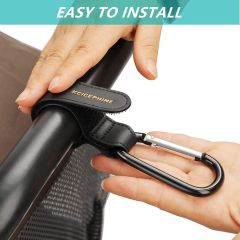 2 Pack Universal Stroller Hooks With Adjustable Carabiner Clips being installed on stroller handle, durable matte black hardware