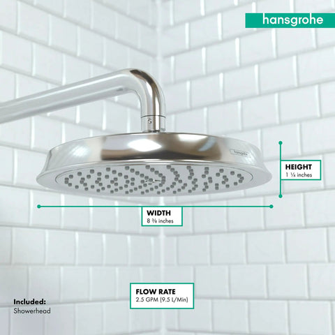 Raindance C 180 AIR Shower Head in Chrome with RainAir Spray up to 2.5 GPM, detailed dimensions over subway tiles