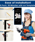 Woman holding drill with steps to install 60 Pack 3 Inch Center To Center Matte Black Cabinet Pulls For Kitchen Cabinets Drawers Cupboards