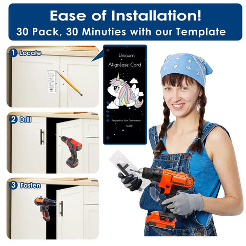 Installation guide for 10 Pack Matte Black Cabinet Pulls 3 Inch Center To Center with woman using drill template