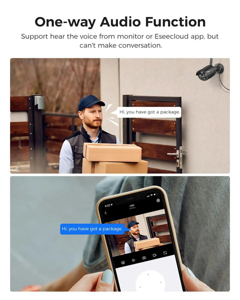 Home Security Camera System With 4 Outdoor 5MP Cameras 16 Channel NVR And 10.1 Inch LCD Monitor Plug In Power 1TB HDD Local And Remote Viewing Motion Detection One Way Audio Dual Band WiFi Pro, showing a man with packages and the camera app on a smartphone.