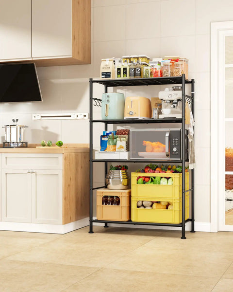 Kick Clutter Out With These Four Tier Storage Shelves Packing six tough as nails hooks and self leveling feet rust proof black steel organizer rack in kitchen.