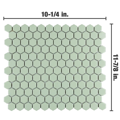 Metro Minty Hex Gloss Porcelain Tile For Floors And Walls, 1 Inch Hex, 10-1/4 By 11-7/8 Inches, displayed with measurements