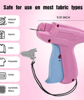 Pro Grade Dope Fabric Stitch Gun And Tagging Tool Kit for Clothes showing pink and blue gun with fabric types and sizes