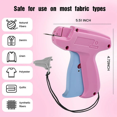 Pro Grade Dope Fabric Stitch Gun And Tagging Tool Kit for Clothes showing pink and blue gun with fabric types and sizes