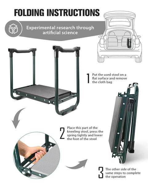 Folding instructions for Heavy Duty Garden Kneeler And Seat For Pain Relief, showing stable frame and handle assembly.