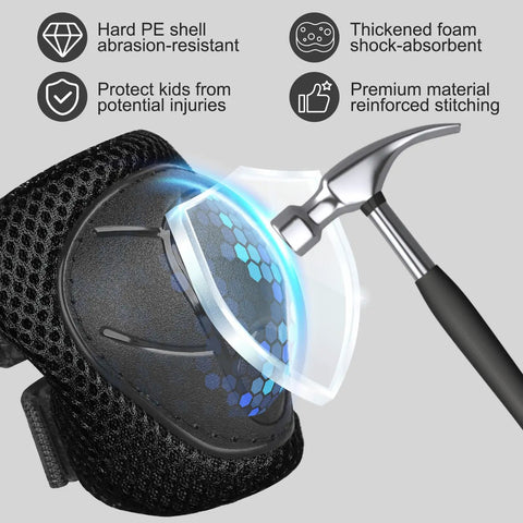 Close-up of kid friendly knee pads with hard PE shell, thick double layer padding, black mesh material, hammer impact demonstration.
