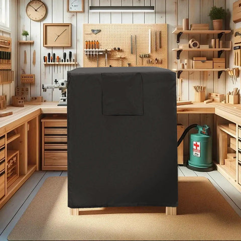 Heavy Duty Table Saw Cover Shields Your Outdoor Wood Planer From Dust Water And Paint While Keeping Your Power Tools Rock Solid For Any Badass Job Site Rig in workshop setting.