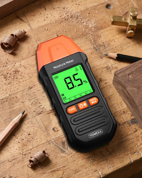 Pin Type Wood Moisture Meter For Firewood And Lumber With Drywall And Building Materials Readings, Direct Contact Pins, 0.0 To 58.0 Percent Range, Two Percent Accuracy, Seven Material Modes For Fast DIY And Pro Timber Checks on wood workbench