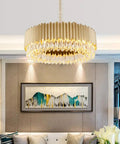 Next Level Gold Crystal Chandelier Round Ceiling Light 80cm diameter, modern design in lounge setting, dimmable pendant lamp.