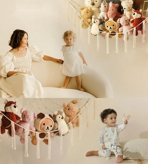 Stuffed Animal Storage Hammock Net For Corners And Walls filled with plush toys, featuring kid-friendly room decor.