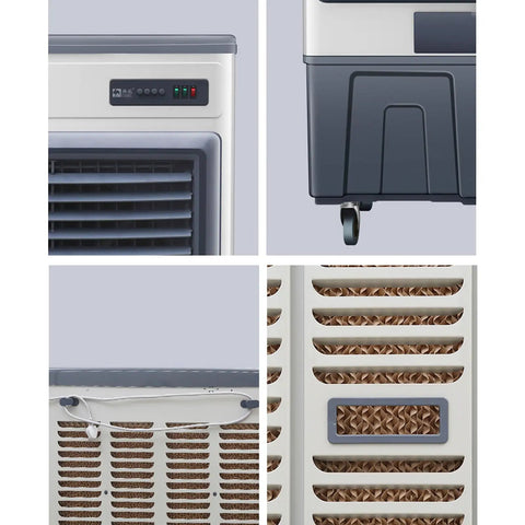 Heavy Duty Portable Evaporative Air Cooler With Three Speed Settings And Built In Water Tank For Garage Or Workshop delivering quiet operation features, showcasing controls and filters.