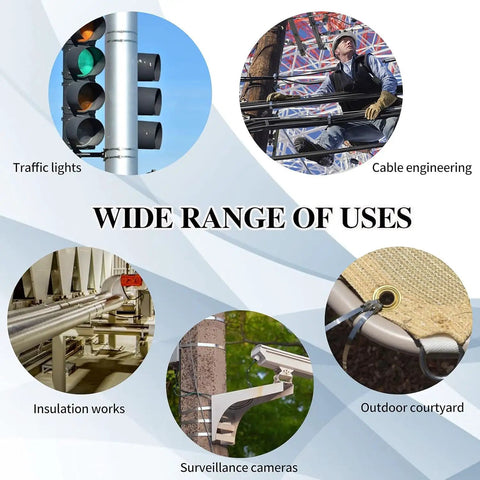 Wide range of uses for Pro Grade Heavy Duty Stainless Steel Cable Tie Gun Kit with 100 Pcs 4.6x250mm Cable Ties shown in image.