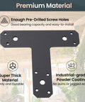 12 Pack Heavy Duty T Brackets For Wood With Premium Powder Coated Flat Post And Beam Tie Plates 6.5 By 5.7 Inches 0.15 Inch Thick Rust Resistant Mending Plates For Pergola Truss Timber Framing Matte Black shown with pre-drilled holes and coating details.