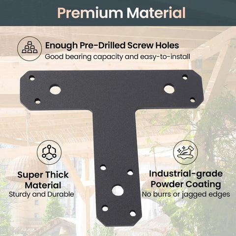 12 Pack Heavy Duty T Brackets For Wood With Premium Powder Coated Flat Post And Beam Tie Plates 6.5 By 5.7 Inches 0.15 Inch Thick Rust Resistant Mending Plates For Pergola Truss Timber Framing Matte Black shown with pre-drilled holes and coating details.
