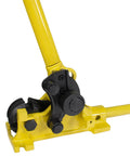 Steel Dragon 2-in-1 Portable Manual Rebar Cutter And Bender For 5/8 Inch #5 Rebar Heavy Duty Shear close-up of yellow shear head.