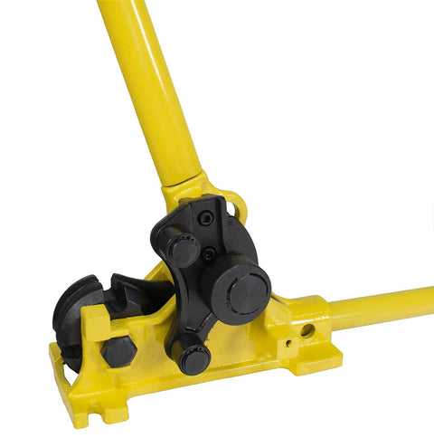 Steel Dragon 2-in-1 Portable Manual Rebar Cutter And Bender For 5/8 Inch #5 Rebar Heavy Duty Shear close-up of yellow shear head.