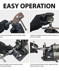 Instructions for using Brake Caliper Piston Press Tool Kit For Disc Brakes, 22 Piece Caliper Compressor Set, black gloves shown