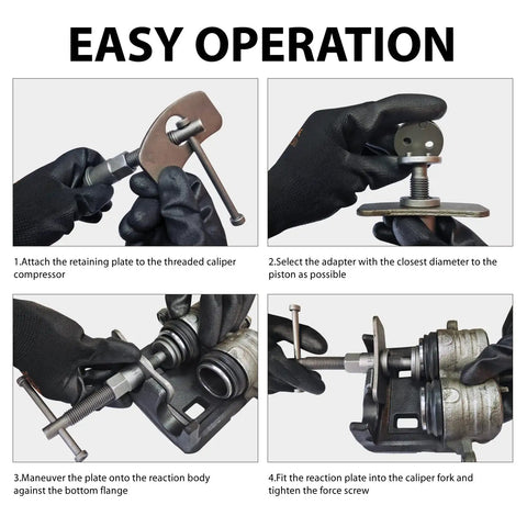 Instructions for using Brake Caliper Piston Press Tool Kit For Disc Brakes, 22 Piece Caliper Compressor Set, black gloves shown