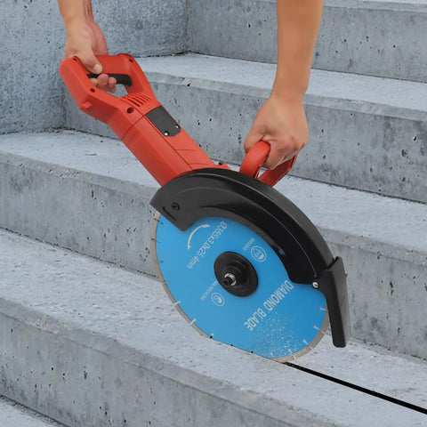 Heavy Duty 14 Inch Circular Concrete Saw With 3000 Watt Electric Motor and Tough As Nails Build for Ripping Through Masonry Machines Featuring Deep Five Point Three One Inch Cutting Depth in use on concrete steps.