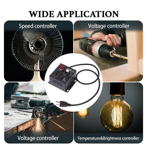Heavy Duty AC Motor Speed Controller Featuring Crisp LED Readout With 120V SCR Voltage Regulator in use for fan and drill control.
