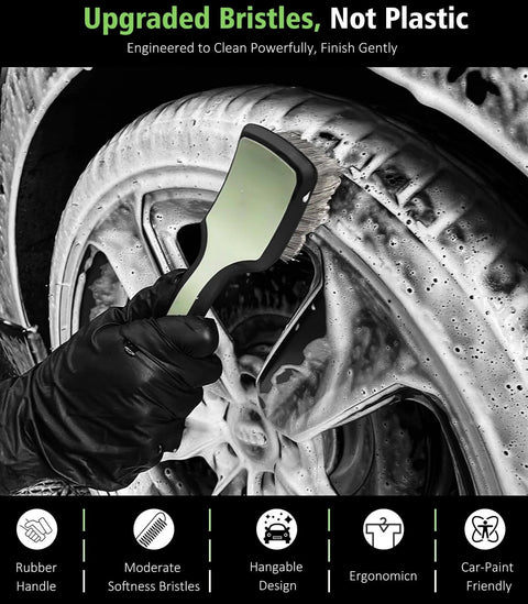 4 Piece Car Wheel Cleaning Kit With 360 Degree Bendable Wheel Brush in use for scratch-free deep clean of a car tire