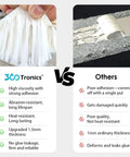 Comparison chart of 360 Tronics sealing tape vs others; 360 Tronics features include high viscosity and durability; others' failing points listed.