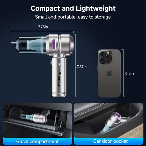 Cordless Handheld Car Vacuum With Brushless Motor 16000Pa Suction LED Light Type C Port next to smartphone for size comparison
