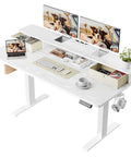 Solid Build Electric Standing Desk With 55x26 Inch adjustable height features ergonomic monitor riser and built drawers.