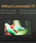 Image showing a TV without LED TV Backlight Strip Lights With USB Power, Remote Control, 15 Ambient Color Options And 10 Brightness Modes For 60 To 80 Inch TVs, Eye Friendly 6500K True White Lighting For Computer Desk, Gaming, And Home Theater Decor, highlighting poor color contrast and eye strain issues.