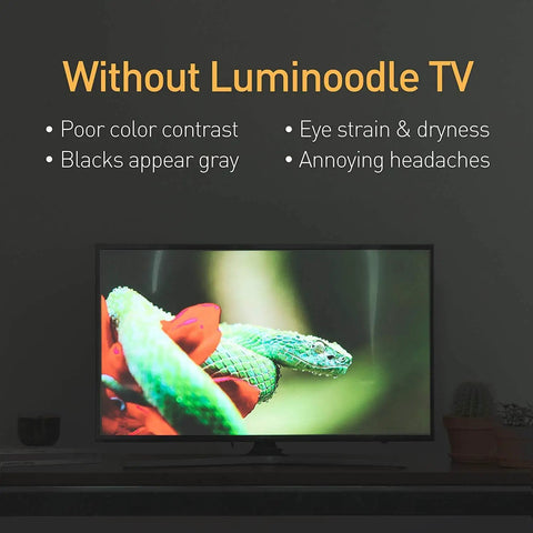 Image showing a TV without LED TV Backlight Strip Lights With USB Power, Remote Control, 15 Ambient Color Options And 10 Brightness Modes For 60 To 80 Inch TVs, Eye Friendly 6500K True White Lighting For Computer Desk, Gaming, And Home Theater Decor, highlighting poor color contrast and eye strain issues.