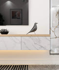Wooden shelf with Marble Peel And Stick Countertop Contact Paper Waterproof Vinyl Backsplash in a modern living room.