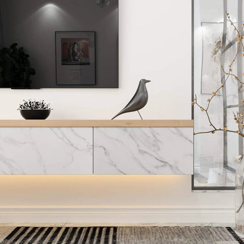 Wooden shelf with Marble Peel And Stick Countertop Contact Paper Waterproof Vinyl Backsplash in a modern living room.