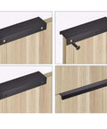Close-up of 10 Piece Aluminum Alloy Cabinet Pulls Set G Type Clasp Handles installed on wood cabinet, sleek modern finish.