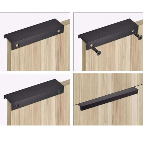 Close-up of 10 Piece Aluminum Alloy Cabinet Pulls Set G Type Clasp Handles installed on wood cabinet, sleek modern finish.