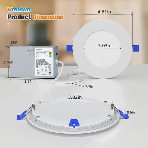 Product dimensions of 12 Pack 4 Inch LED Recessed Lighting With Junction Box, 5CCT Selectable 2700K To 5000K, Dimmable Canless Wafer Downlight