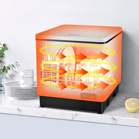 Compact Countertop Dishwasher Featuring One Touch Start Hot Water Wash And UV Dry Cycle For Slick Kitchens Plus Smooth Glide Rack Hassle-Free Tabletop Cleaner with visible heating effect.