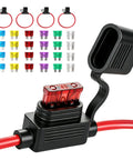 4 Pack Heavy Hitter 10 Awg Inline Fuse Holder 12V Waterproof With 24 Blade Fuses, showing red wiring and assorted blade fuses.
