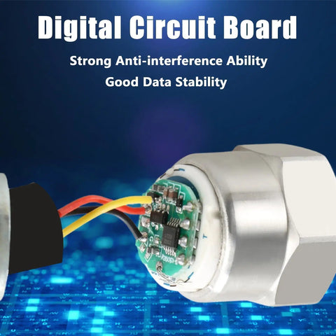 Close-up of 100 Psi Stainless Steel Pressure Transducer Sensor With Connector Harness, showing internal digital circuit board.