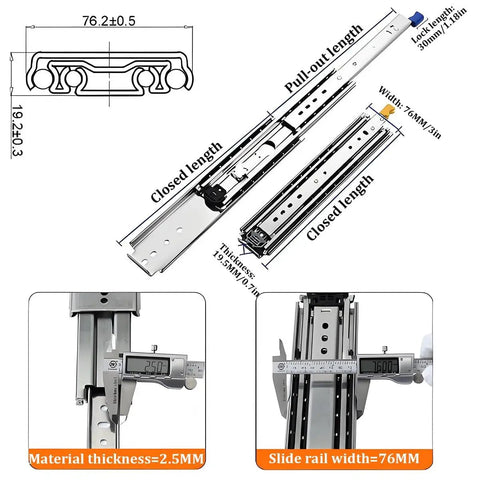 Heavy Duty 46 Inch Drawer Slides With Lock, 480 Pound Capacity dimensions and measurements diagram