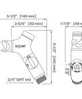 Technical diagram of Comfort Grip VB Hose Connector With Built In Vacuum Breaker And Ball Valve, dimensions and details shown.